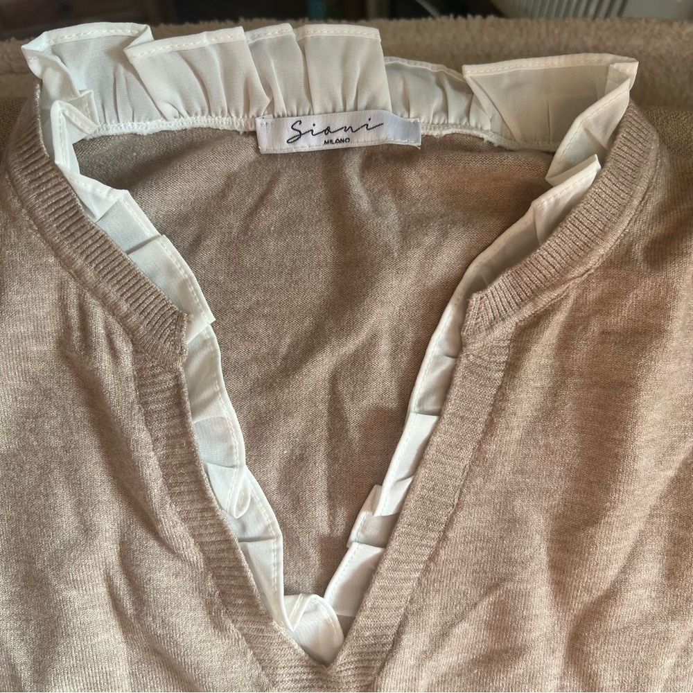 Sioni Tan V-Neck Sweater with White Ruffle Trim